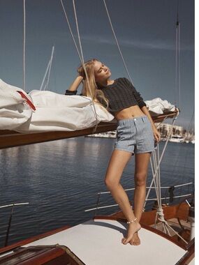 Free People Blue and White Striped High-Rise Shorts - Brixton